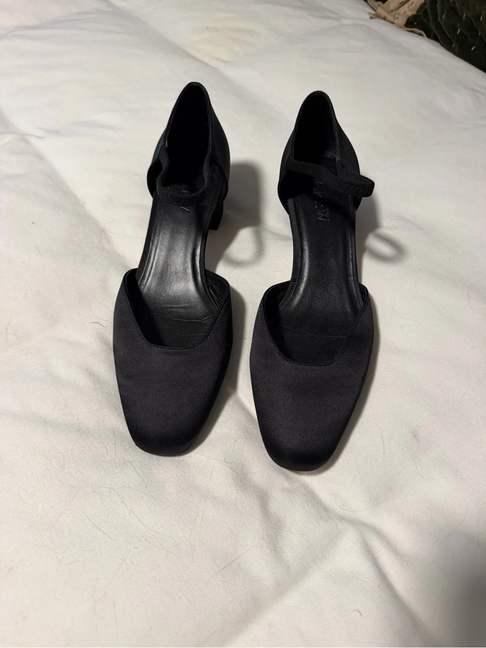 Mollie elastic strap heels in satin black